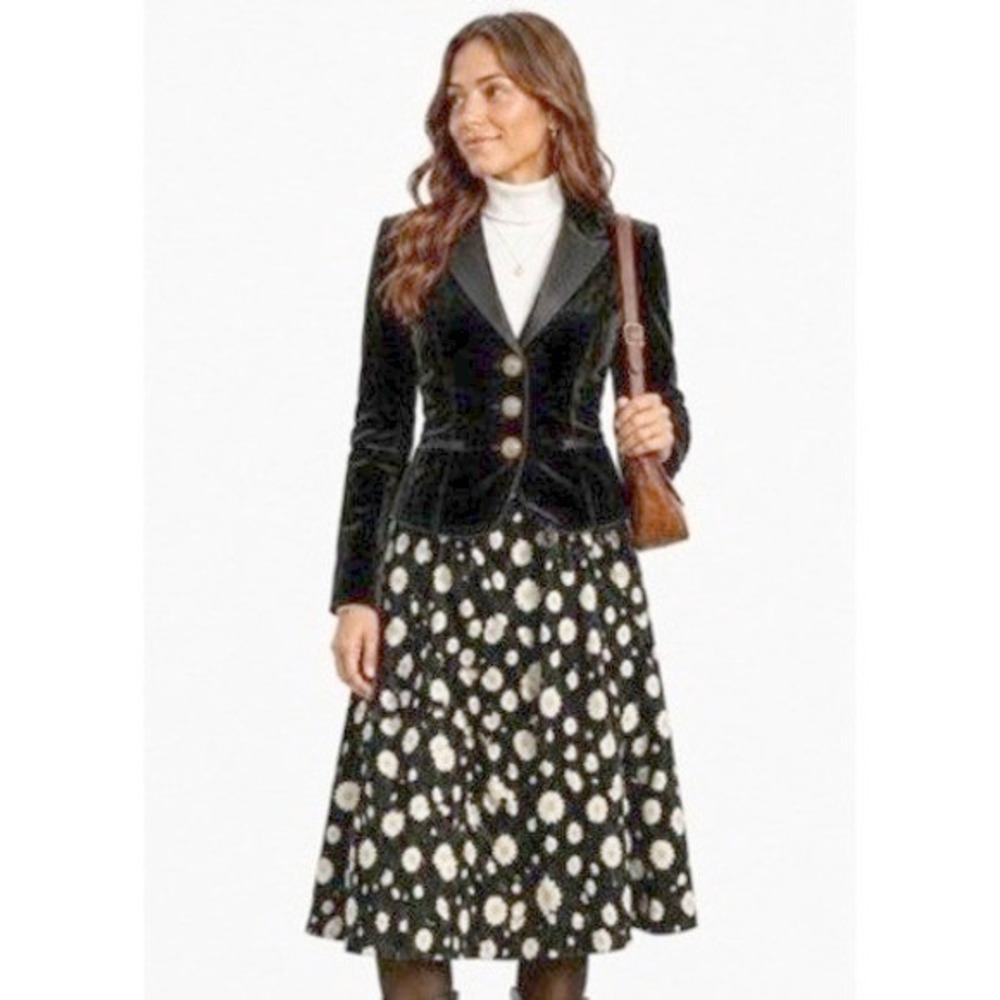 Belle Poque Women Skirt M‎ Black Daisy Floral A-Line Tie Waist Midi